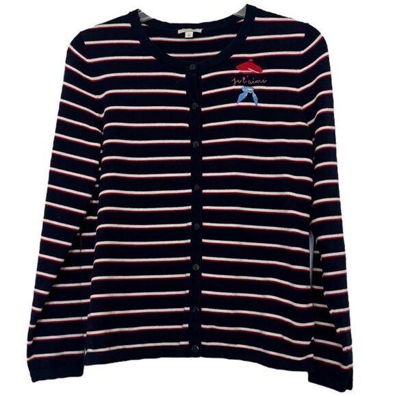 Talbots Je T’aime Paris France Cardigan Blue Red White French Hat Scarf P Small - Picture 7 of 7